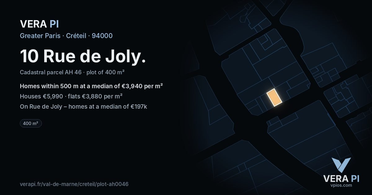10 Rue de Joly, Créteil at night – the plot lit, the parcels around coloured by the prices near them