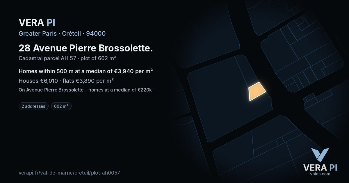 28 Avenue Pierre Brossolette, Créteil at night – the plot lit, the parcels around coloured by the prices near them