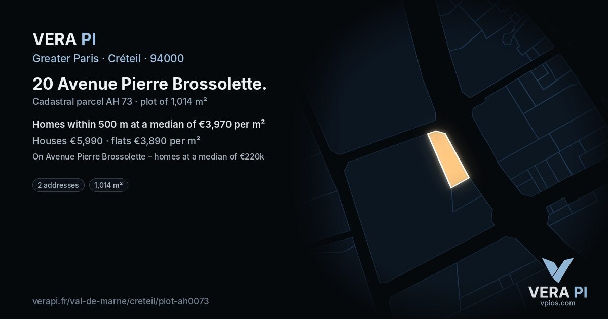 20 Avenue Pierre Brossolette, Créteil at night – the plot lit, the parcels around coloured by the prices near them