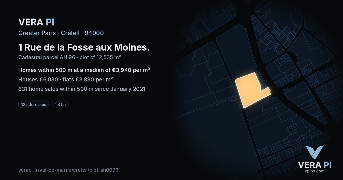 1 Rue de la Fosse aux Moines, Créteil at night – the plot lit, the parcels around coloured by the prices near them