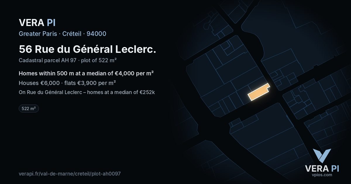 56 Rue du Général Leclerc, Créteil at night – the plot lit, the parcels around coloured by the prices near them