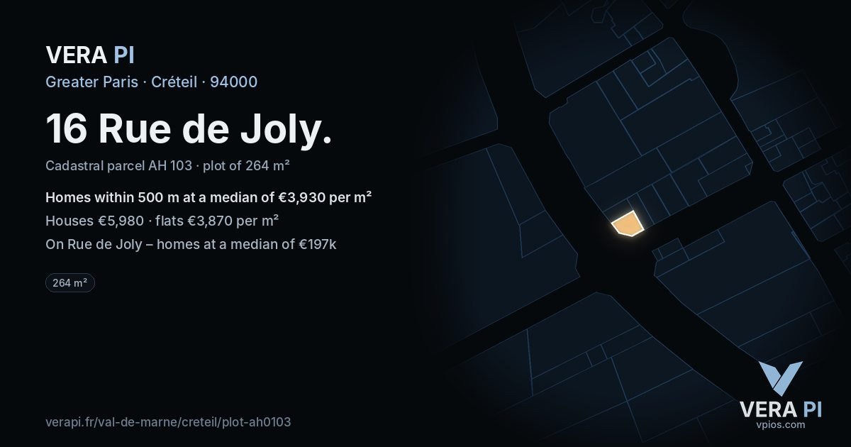 16 Rue de Joly, Créteil at night – the plot lit, the parcels around coloured by the prices near them