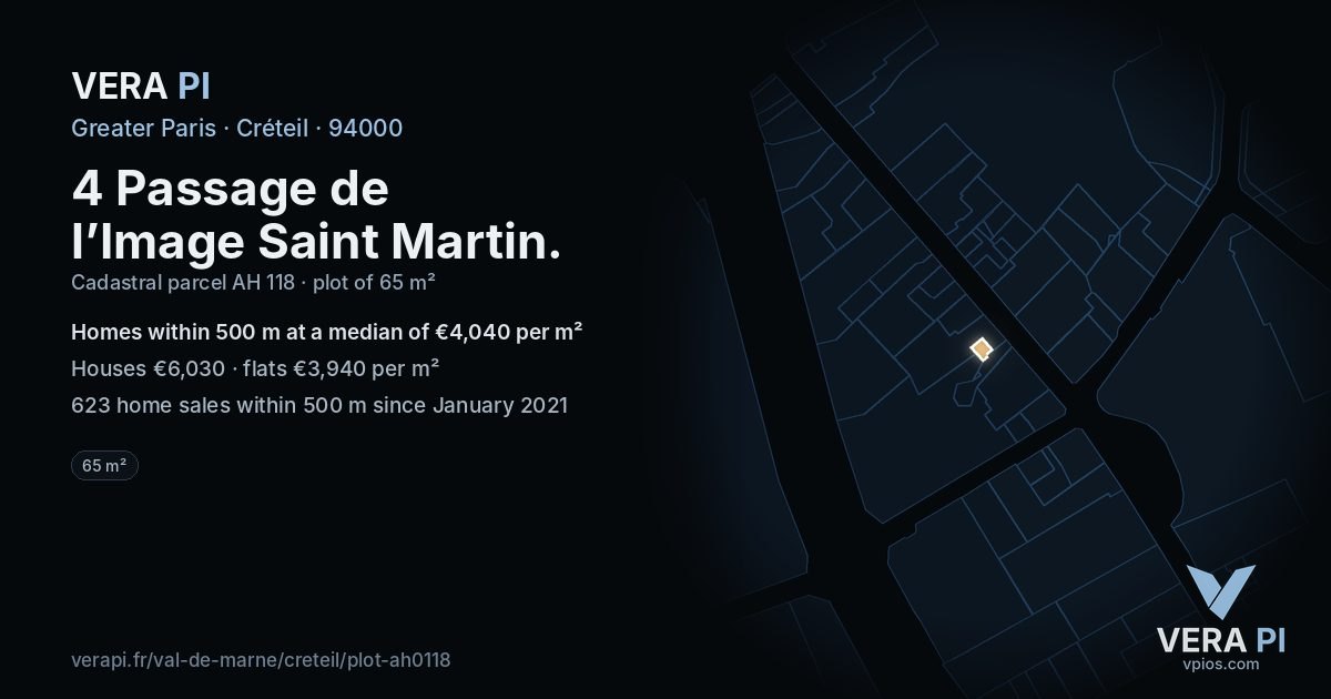 4 Passage de l’Image Saint Martin, Créteil at night – the plot lit, the parcels around coloured by the prices near them