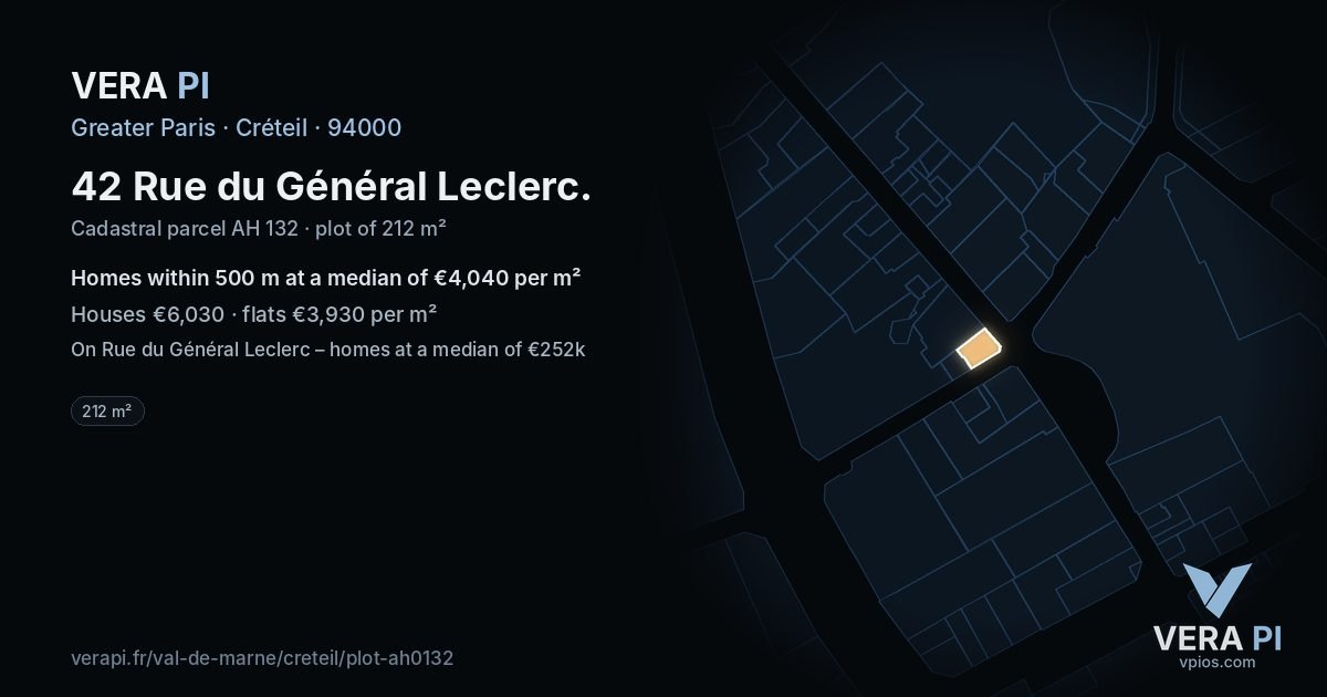 42 Rue du Général Leclerc, Créteil at night – the plot lit, the parcels around coloured by the prices near them