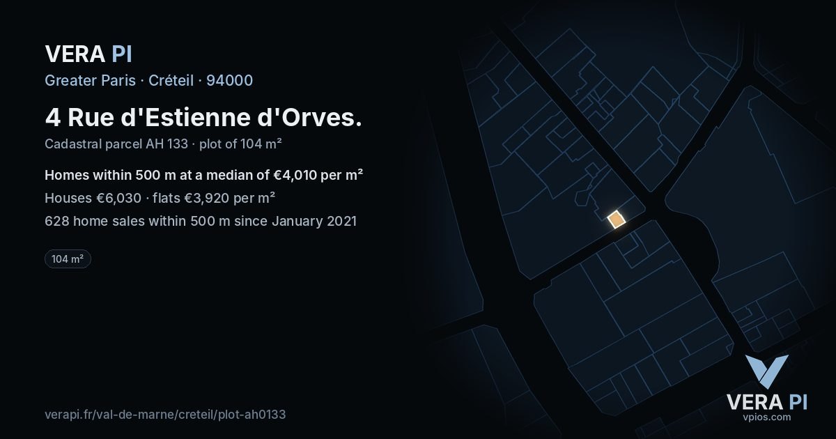 4 Rue d'Estienne d'Orves, Créteil at night – the plot lit, the parcels around coloured by the prices near them
