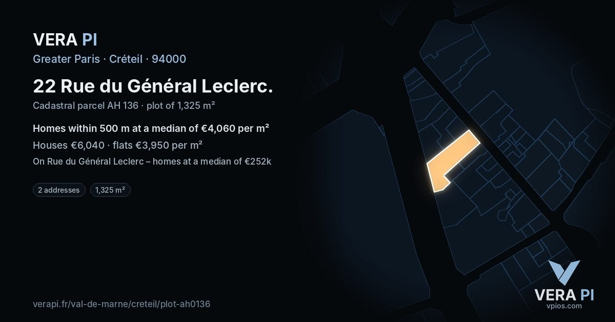 22 Rue du Général Leclerc, Créteil at night – the plot lit, the parcels around coloured by the prices near them