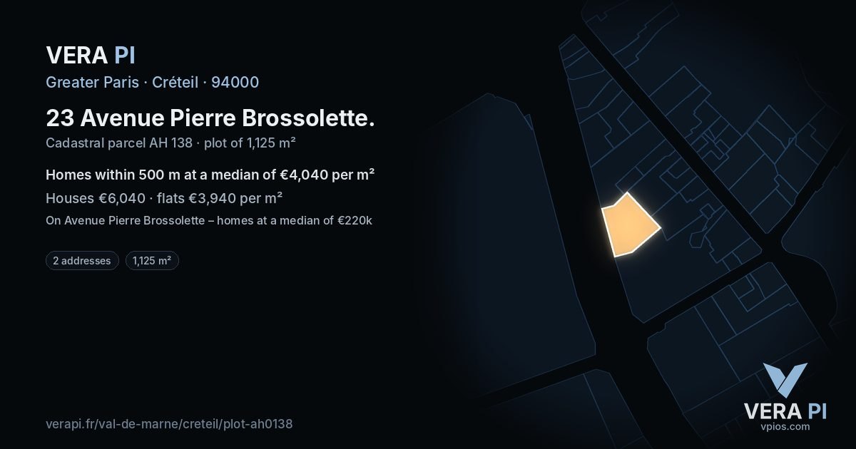 23 Avenue Pierre Brossolette, Créteil at night – the plot lit, the parcels around coloured by the prices near them