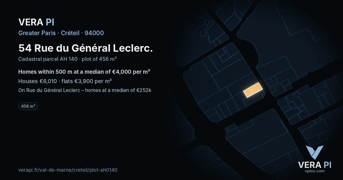 54 Rue du Général Leclerc, Créteil at night – the plot lit, the parcels around coloured by the prices near them