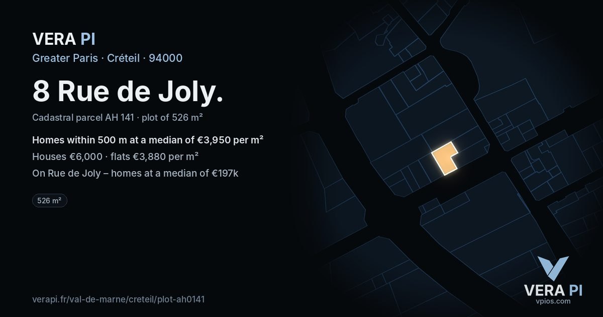 8 Rue de Joly, Créteil at night – the plot lit, the parcels around coloured by the prices near them