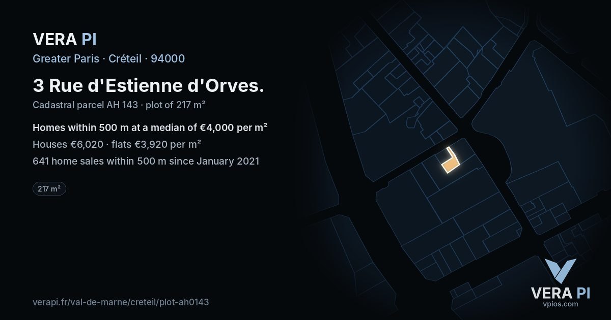 3 Rue d'Estienne d'Orves, Créteil at night – the plot lit, the parcels around coloured by the prices near them