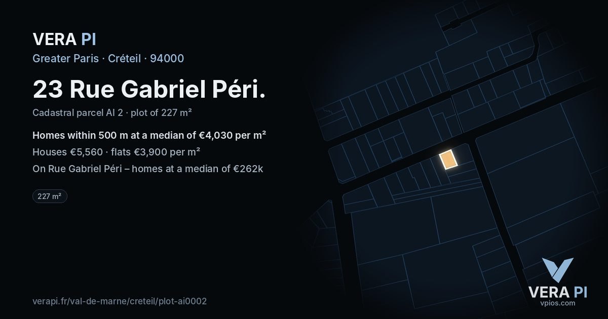 23 Rue Gabriel Péri, Créteil at night – the plot lit, the parcels around coloured by the prices near them