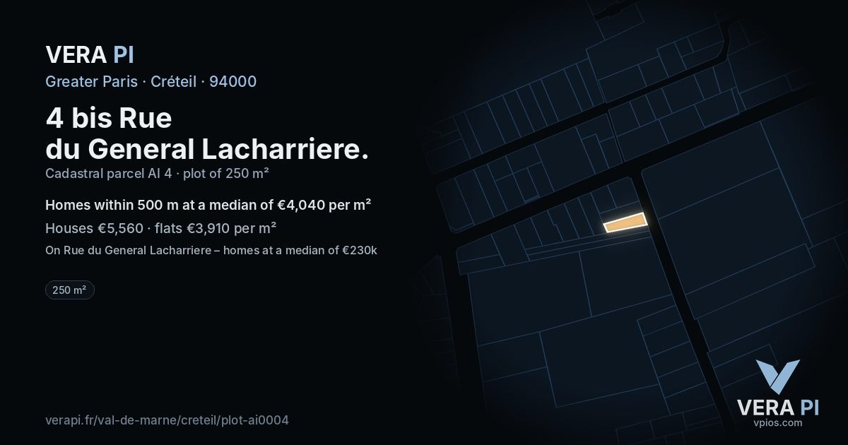 4 bis Rue du General Lacharriere, Créteil at night – the plot lit, the parcels around coloured by the prices near them