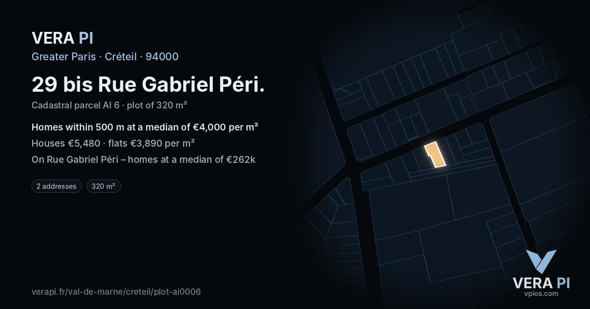 29 bis Rue Gabriel Péri, Créteil at night – the plot lit, the parcels around coloured by the prices near them