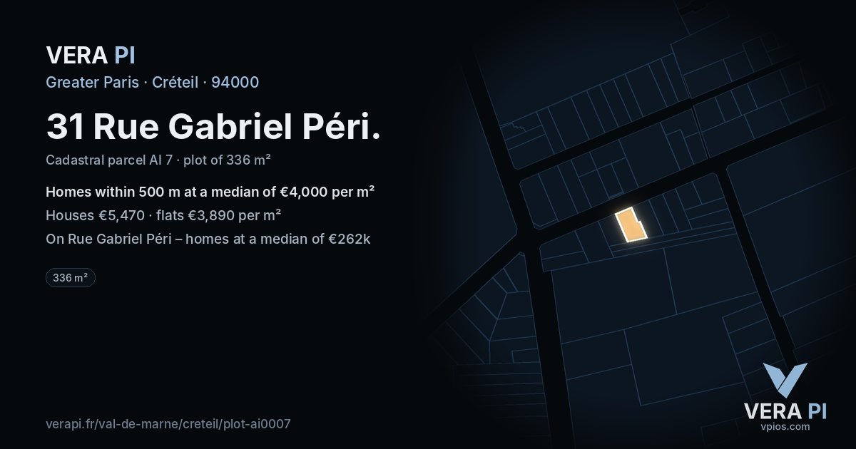 31 Rue Gabriel Péri, Créteil at night – the plot lit, the parcels around coloured by the prices near them