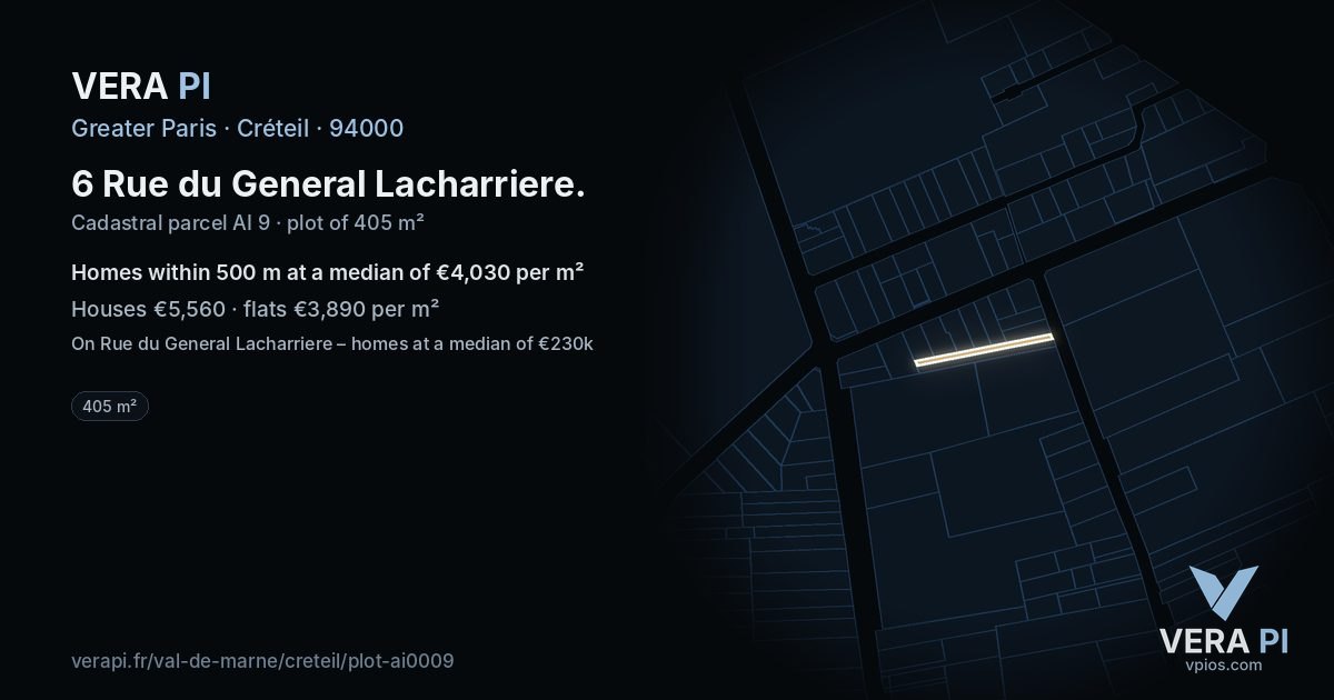 6 Rue du General Lacharriere, Créteil at night – the plot lit, the parcels around coloured by the prices near them