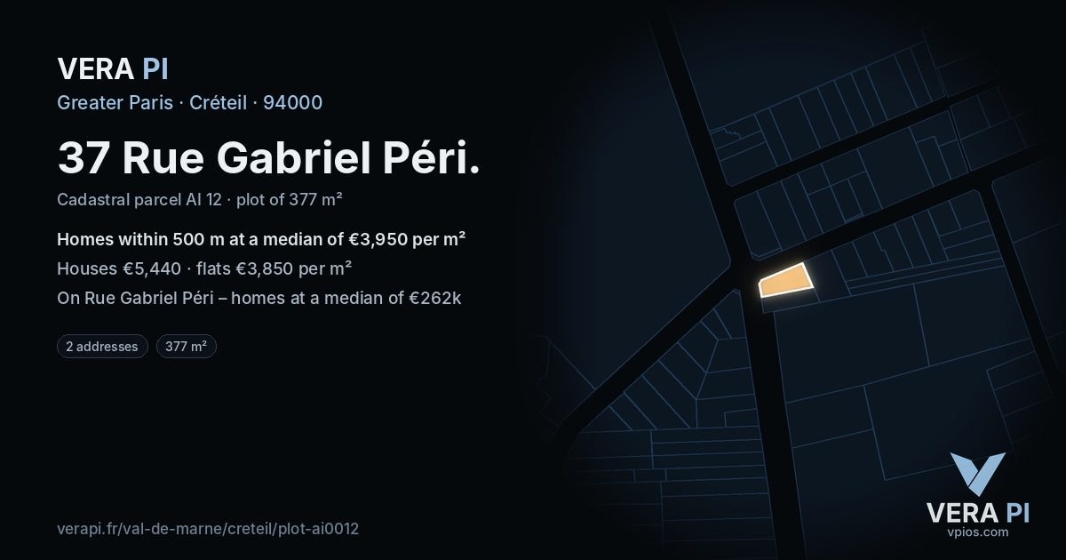 37 Rue Gabriel Péri, Créteil at night – the plot lit, the parcels around coloured by the prices near them