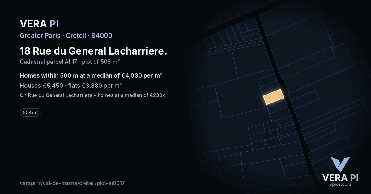 18 Rue du General Lacharriere, Créteil at night – the plot lit, the parcels around coloured by the prices near them