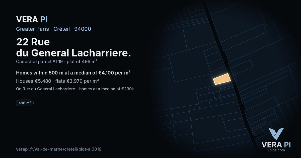 22 Rue du General Lacharriere, Créteil at night – the plot lit, the parcels around coloured by the prices near them