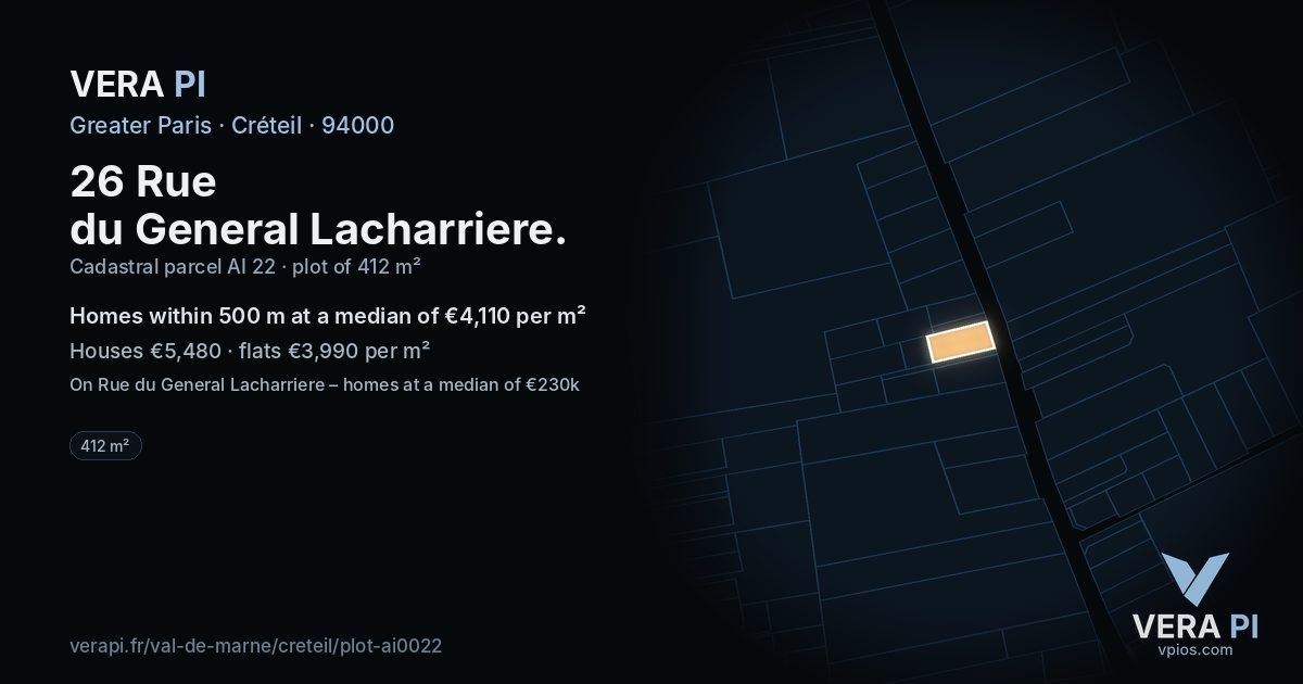 26 Rue du General Lacharriere, Créteil at night – the plot lit, the parcels around coloured by the prices near them