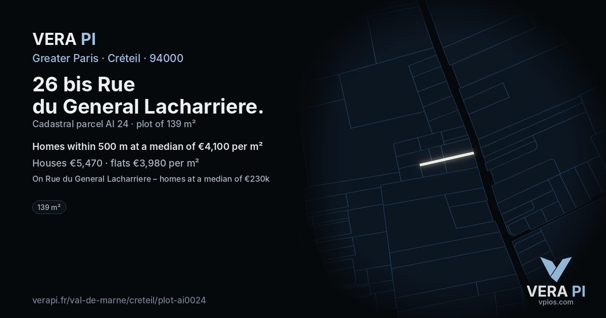 26 bis Rue du General Lacharriere, Créteil at night – the plot lit, the parcels around coloured by the prices near them