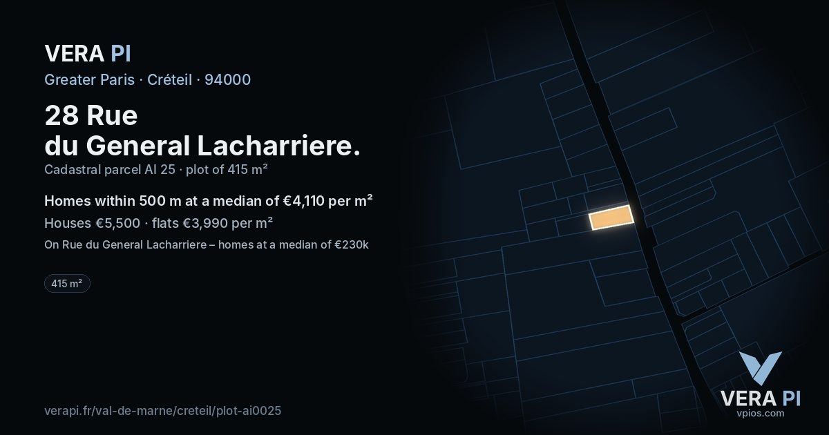 28 Rue du General Lacharriere, Créteil at night – the plot lit, the parcels around coloured by the prices near them