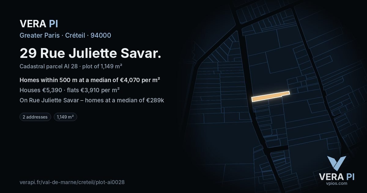 29 Rue Juliette Savar, Créteil at night – the plot lit, the parcels around coloured by the prices near them