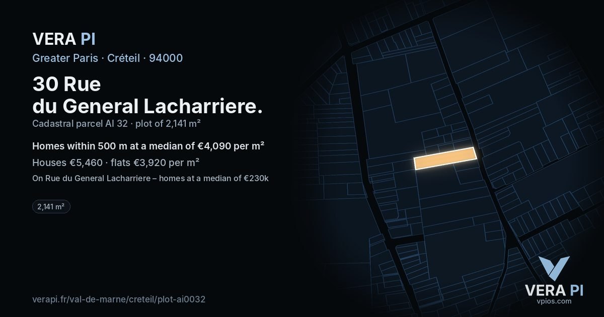 30 Rue du General Lacharriere, Créteil at night – the plot lit, the parcels around coloured by the prices near them