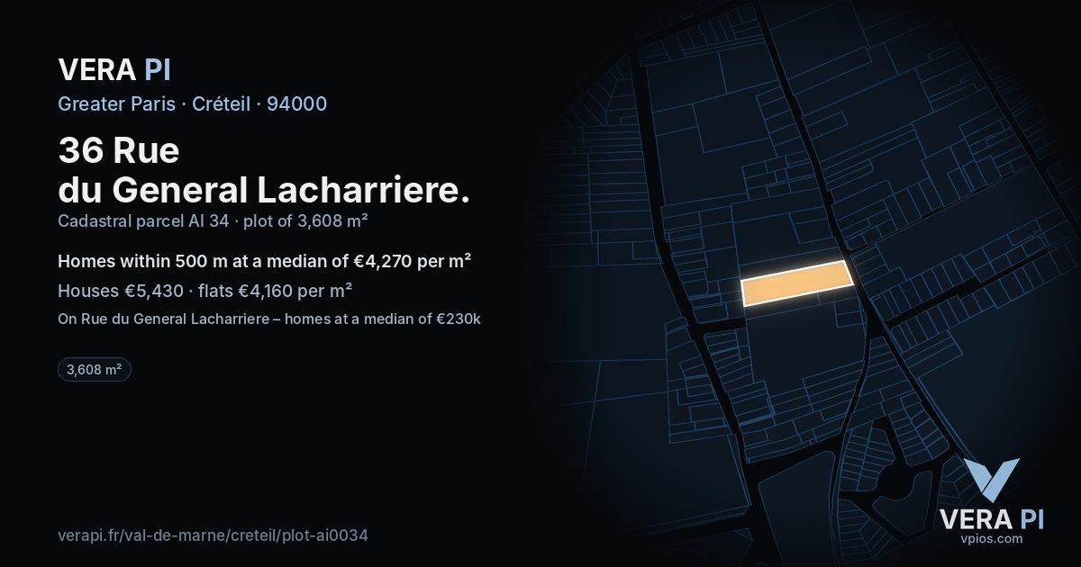 36 Rue du General Lacharriere, Créteil at night – the plot lit, the parcels around coloured by the prices near them