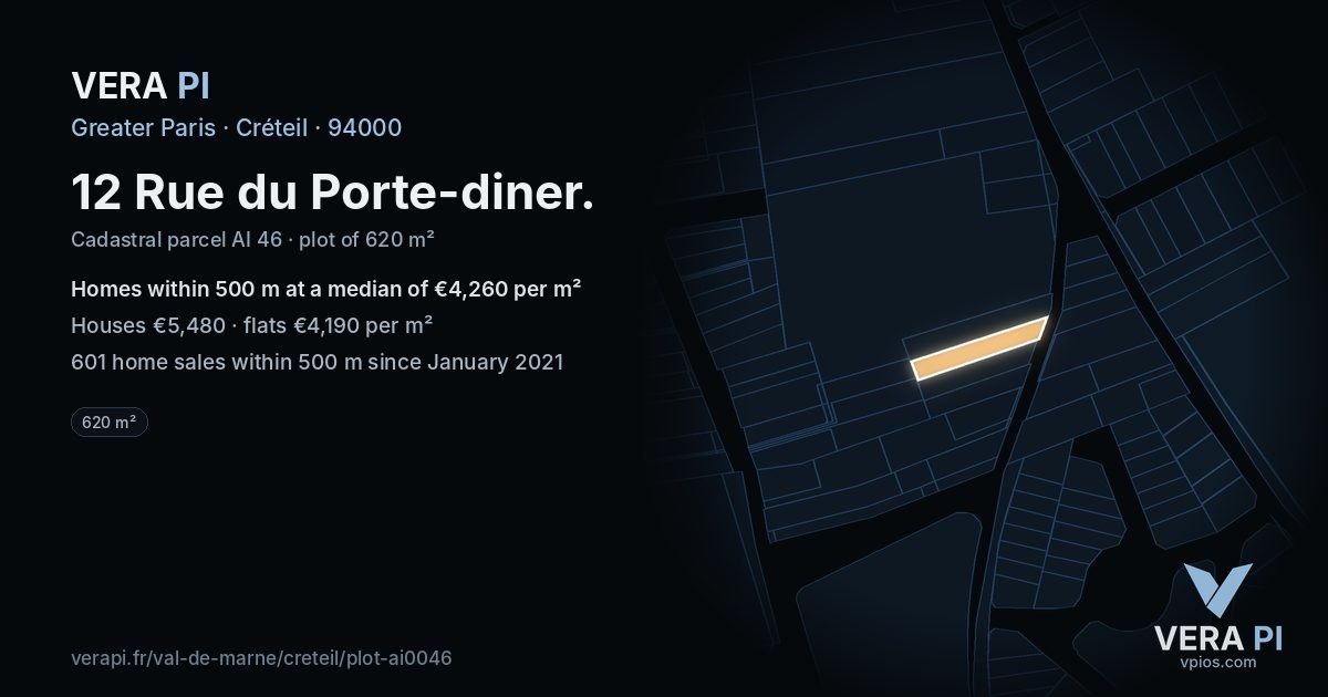 12 Rue du Porte-diner, Créteil at night – the plot lit, the parcels around coloured by the prices near them