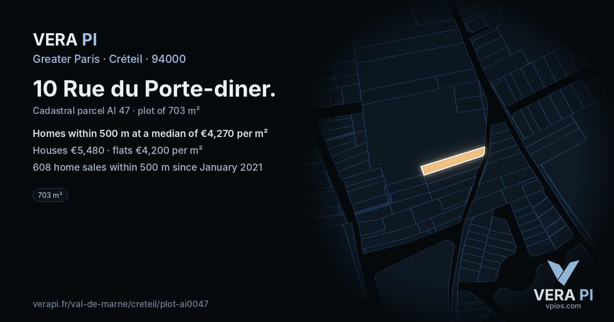 10 Rue du Porte-diner, Créteil at night – the plot lit, the parcels around coloured by the prices near them