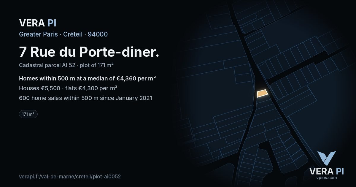 7 Rue du Porte-diner, Créteil at night – the plot lit, the parcels around coloured by the prices near them