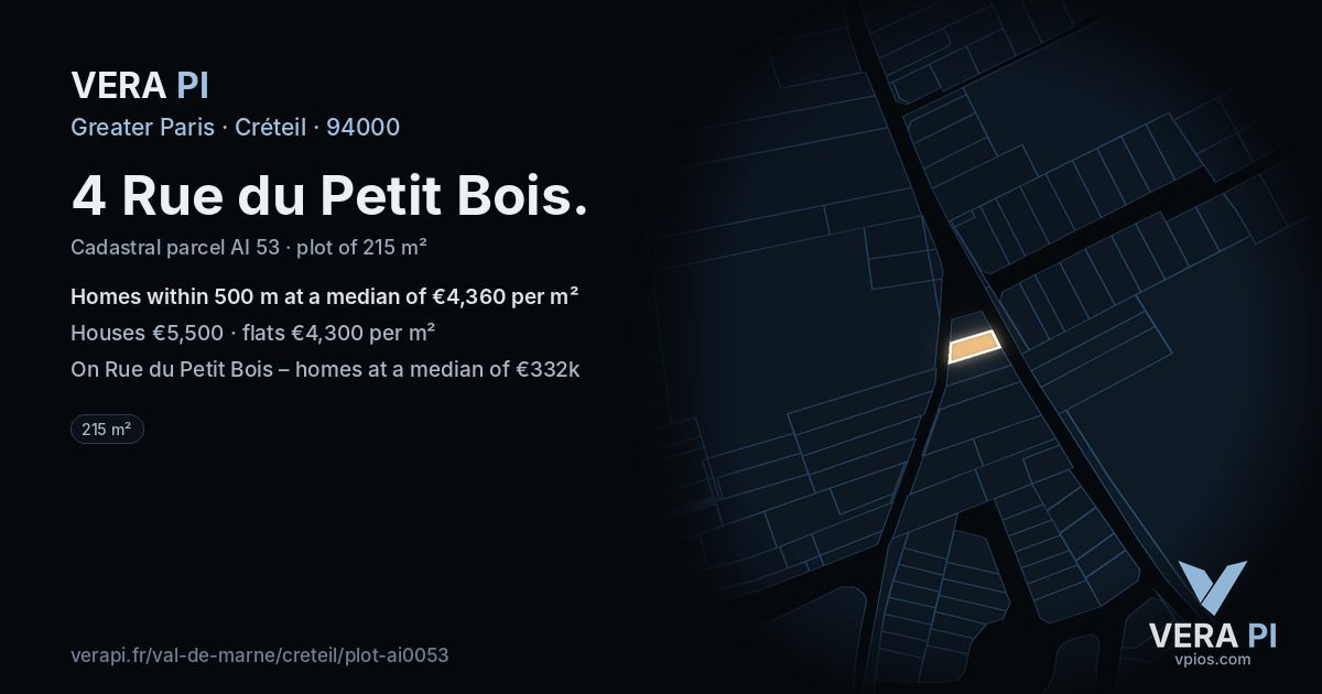 4 Rue du Petit Bois, Créteil at night – the plot lit, the parcels around coloured by the prices near them