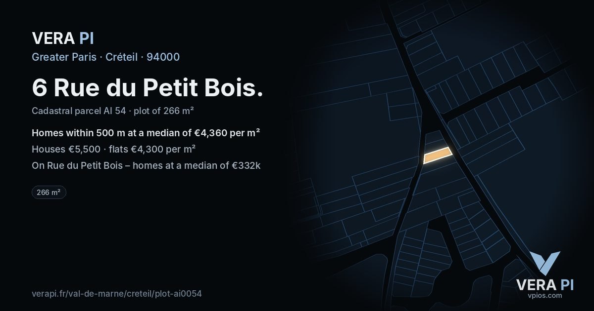 6 Rue du Petit Bois, Créteil at night – the plot lit, the parcels around coloured by the prices near them
