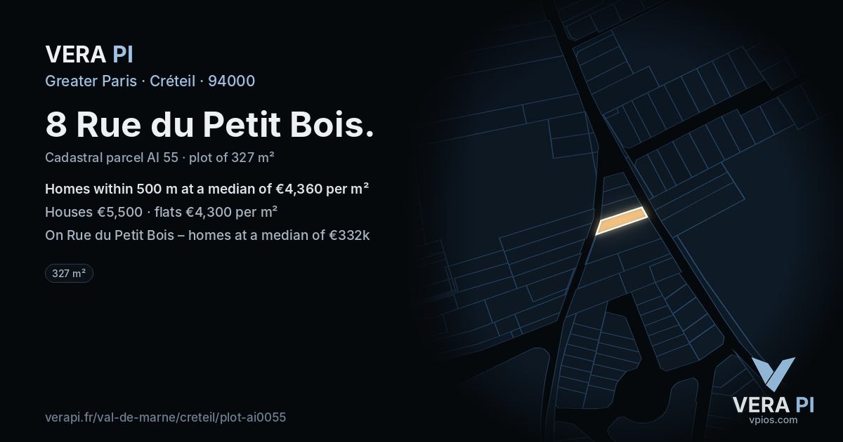 8 Rue du Petit Bois, Créteil at night – the plot lit, the parcels around coloured by the prices near them