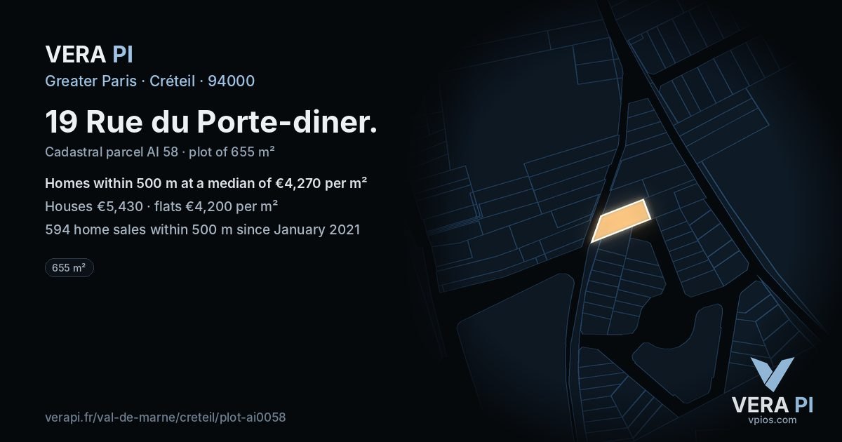 19 Rue du Porte-diner, Créteil at night – the plot lit, the parcels around coloured by the prices near them