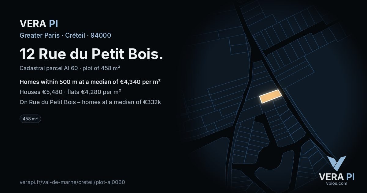 12 Rue du Petit Bois, Créteil at night – the plot lit, the parcels around coloured by the prices near them