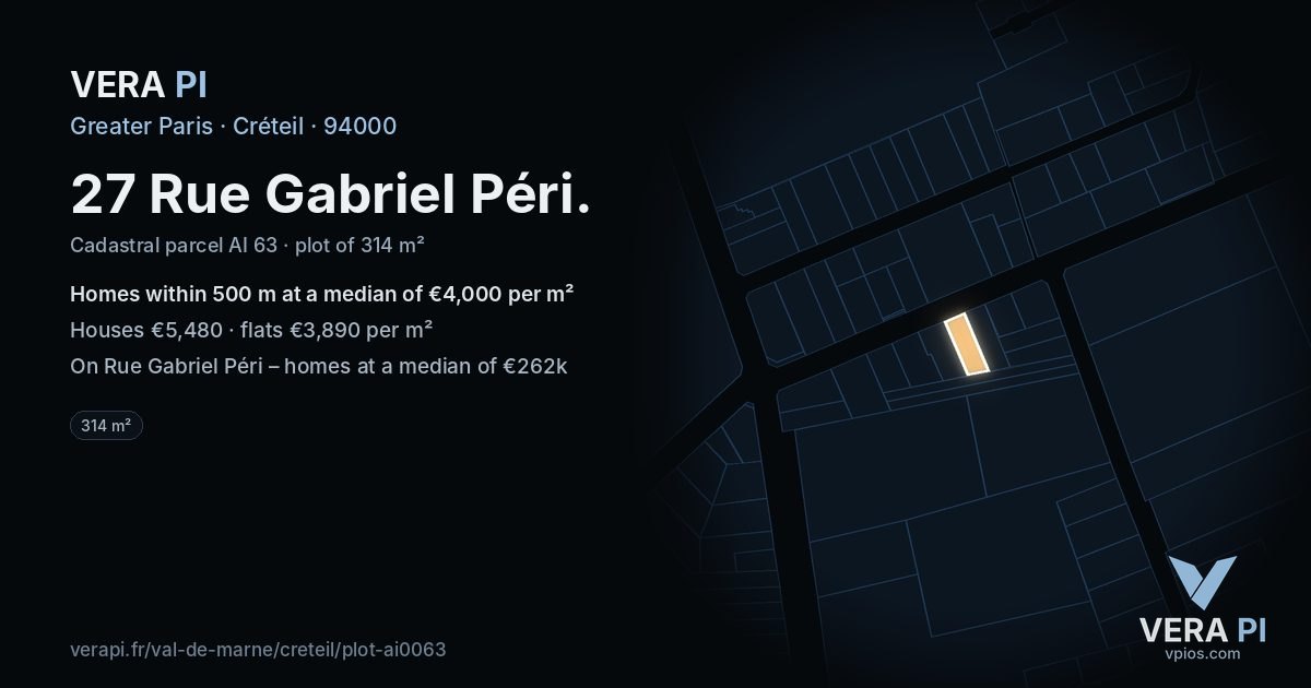 27 Rue Gabriel Péri, Créteil at night – the plot lit, the parcels around coloured by the prices near them