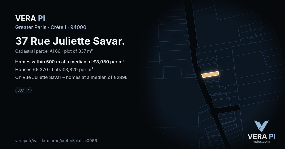 37 Rue Juliette Savar, Créteil at night – the plot lit, the parcels around coloured by the prices near them