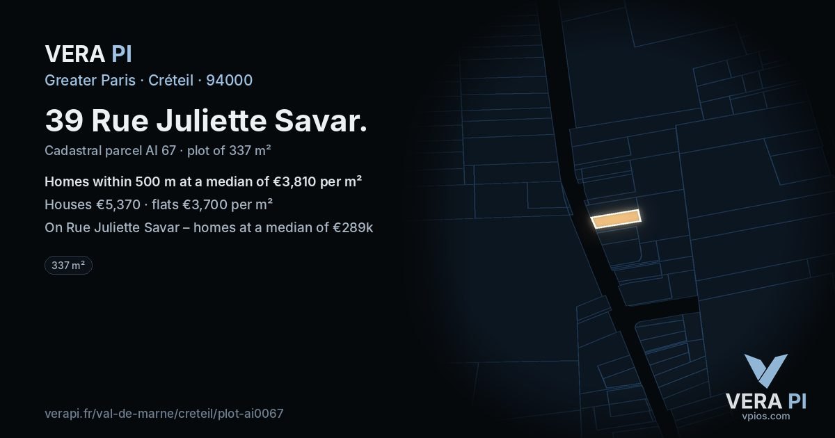 39 Rue Juliette Savar, Créteil at night – the plot lit, the parcels around coloured by the prices near them