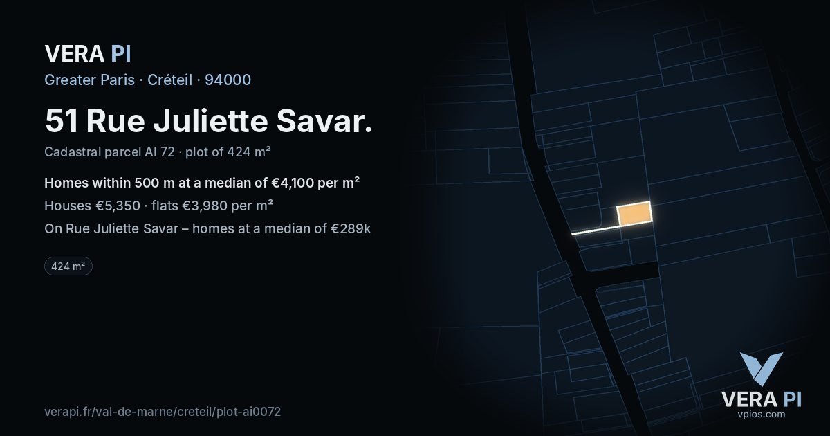 51 Rue Juliette Savar, Créteil at night – the plot lit, the parcels around coloured by the prices near them