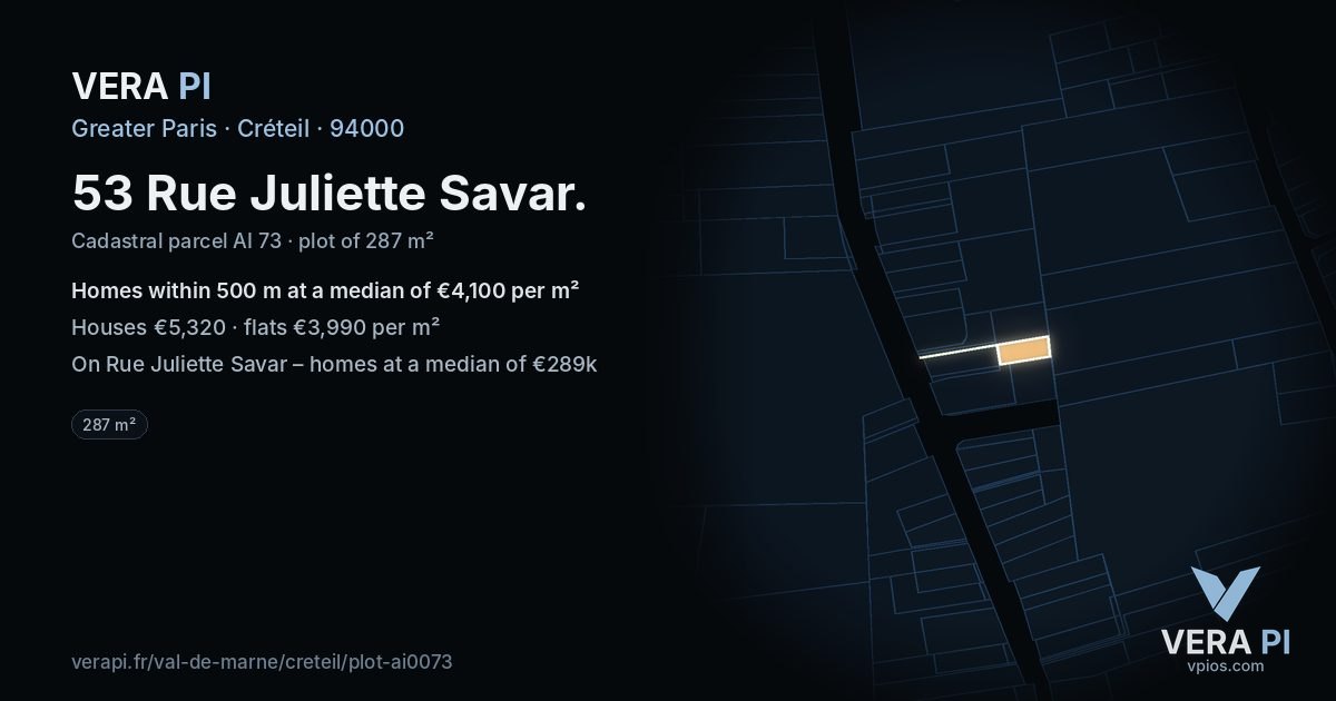 53 Rue Juliette Savar, Créteil at night – the plot lit, the parcels around coloured by the prices near them