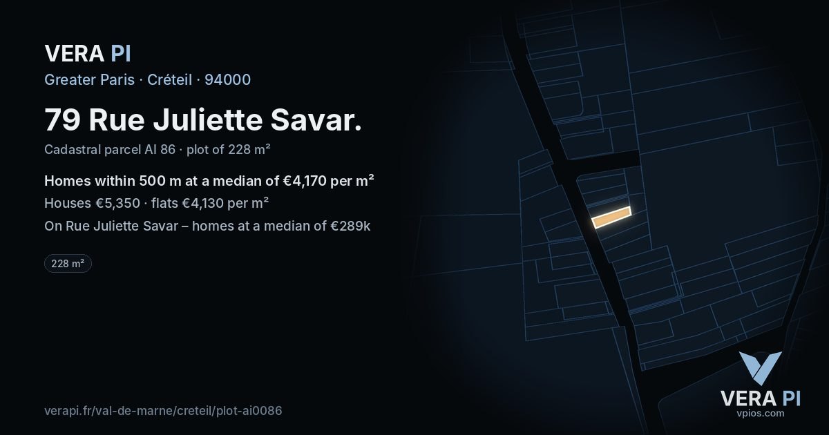 79 Rue Juliette Savar, Créteil at night – the plot lit, the parcels around coloured by the prices near them
