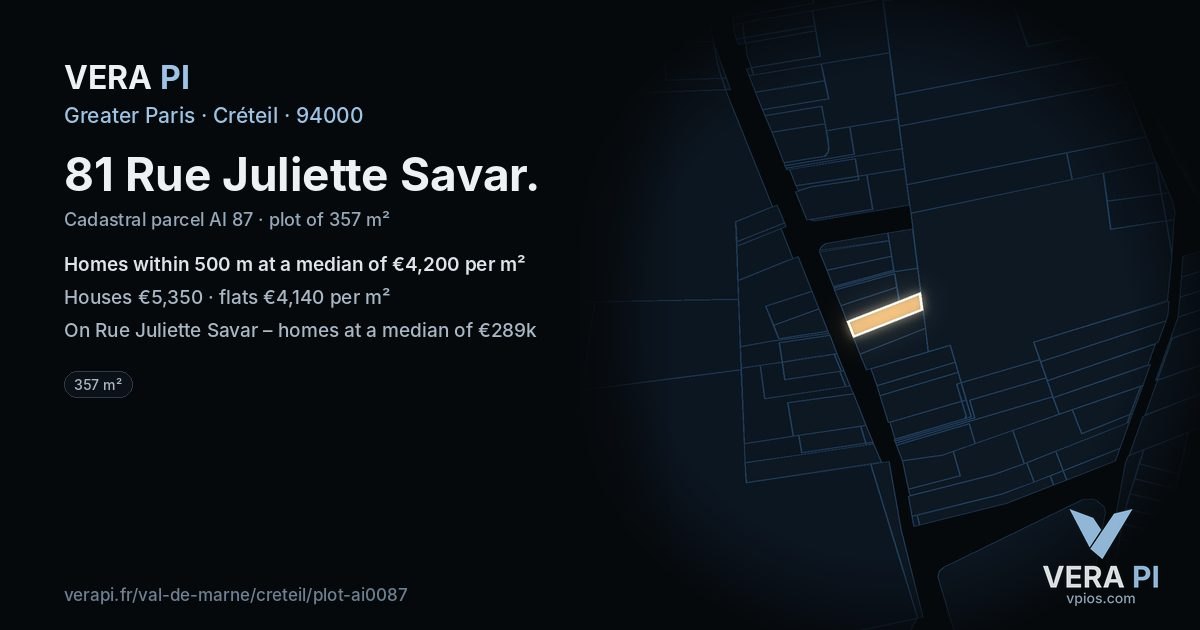 81 Rue Juliette Savar, Créteil at night – the plot lit, the parcels around coloured by the prices near them