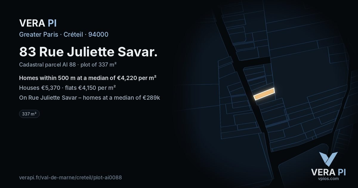 83 Rue Juliette Savar, Créteil at night – the plot lit, the parcels around coloured by the prices near them