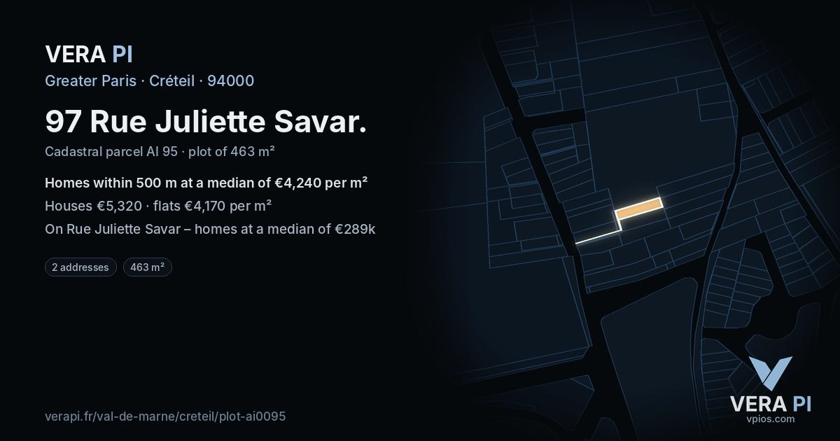 97 Rue Juliette Savar, Créteil at night – the plot lit, the parcels around coloured by the prices near them