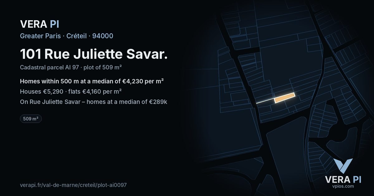 101 Rue Juliette Savar, Créteil at night – the plot lit, the parcels around coloured by the prices near them