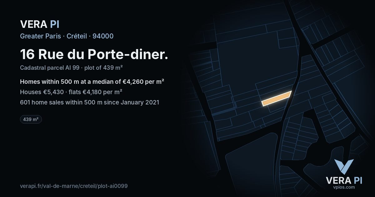 16 Rue du Porte-diner, Créteil at night – the plot lit, the parcels around coloured by the prices near them