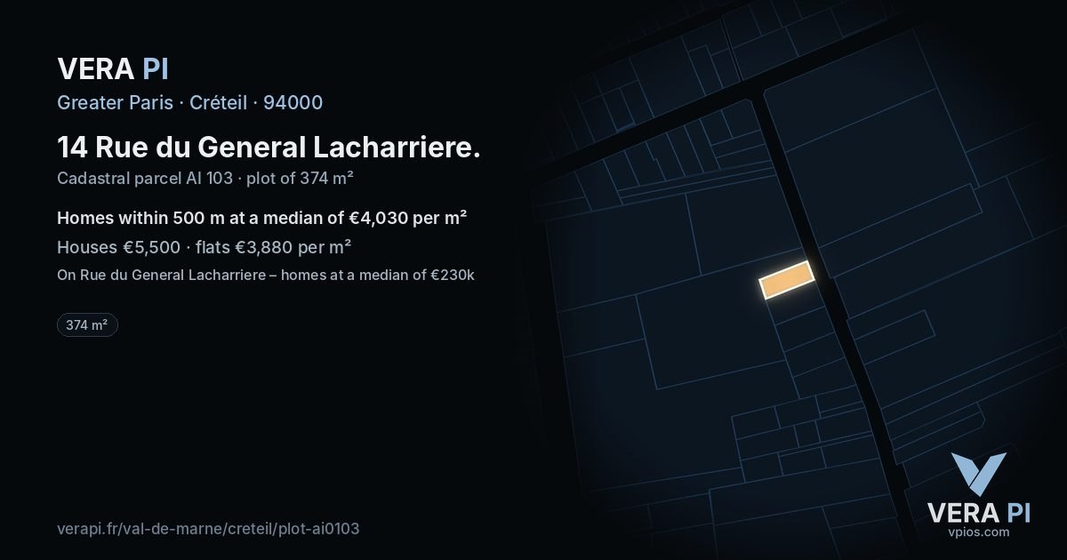 14 Rue du General Lacharriere, Créteil at night – the plot lit, the parcels around coloured by the prices near them