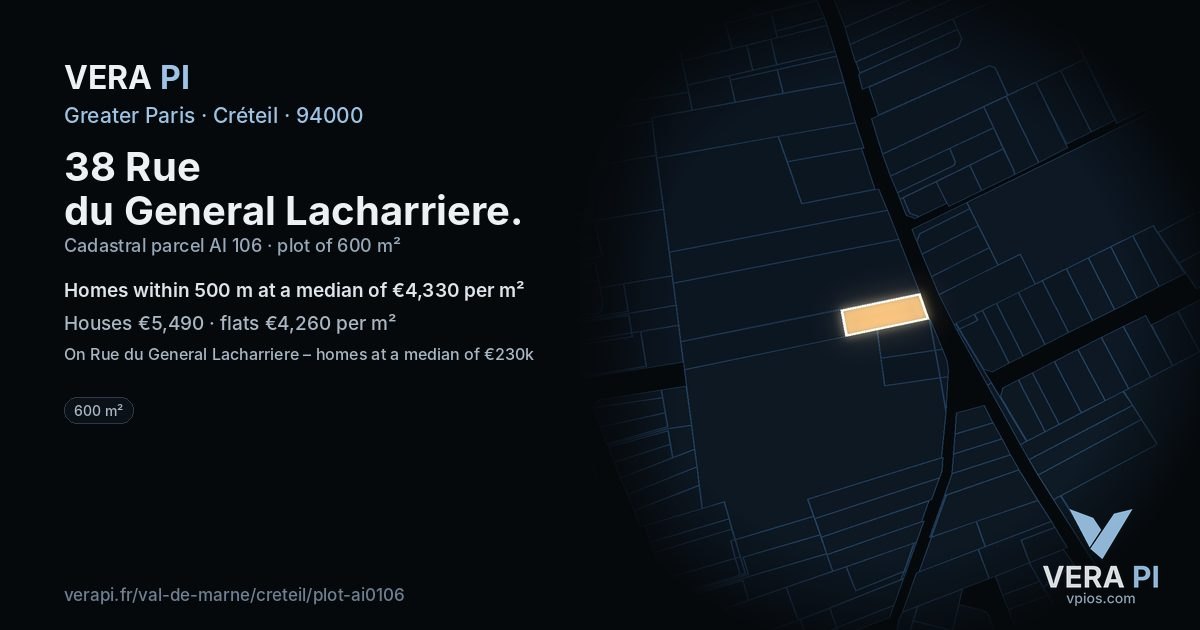 38 Rue du General Lacharriere, Créteil at night – the plot lit, the parcels around coloured by the prices near them