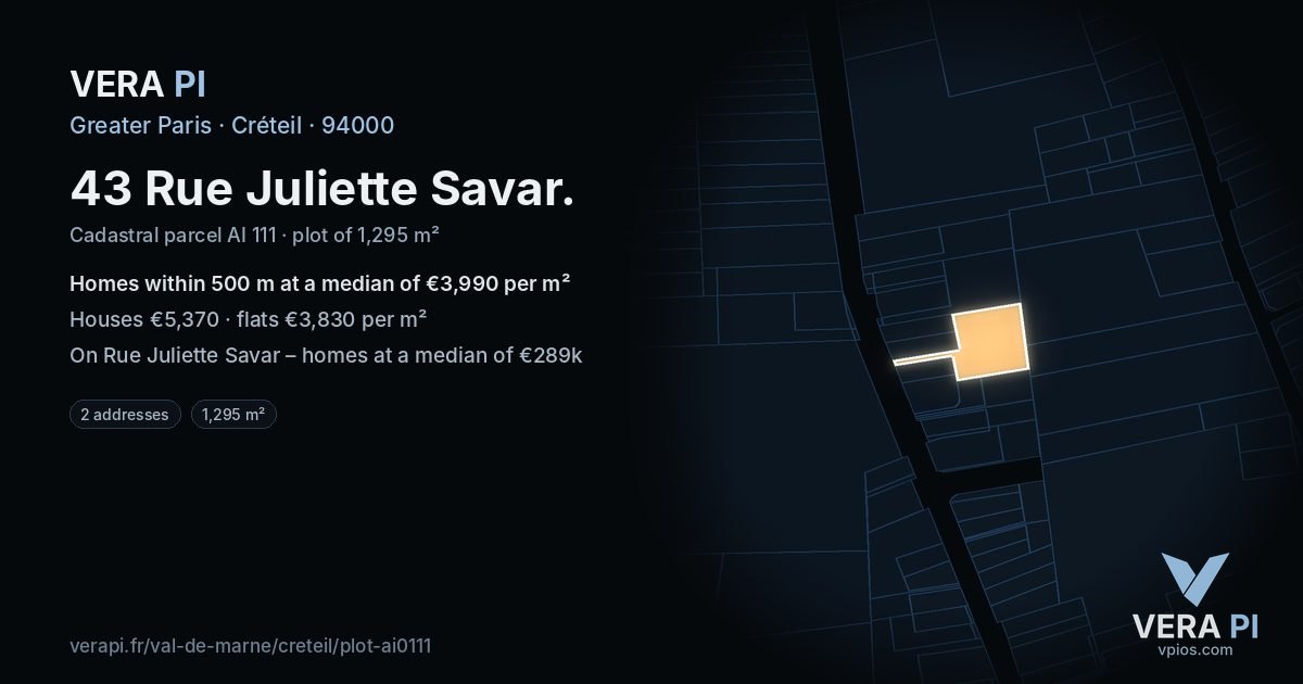 43 Rue Juliette Savar, Créteil at night – the plot lit, the parcels around coloured by the prices near them